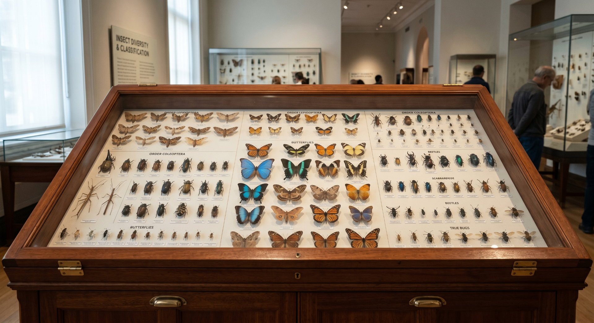 Museum gallery case displaying insects arranged across a broad specimen board