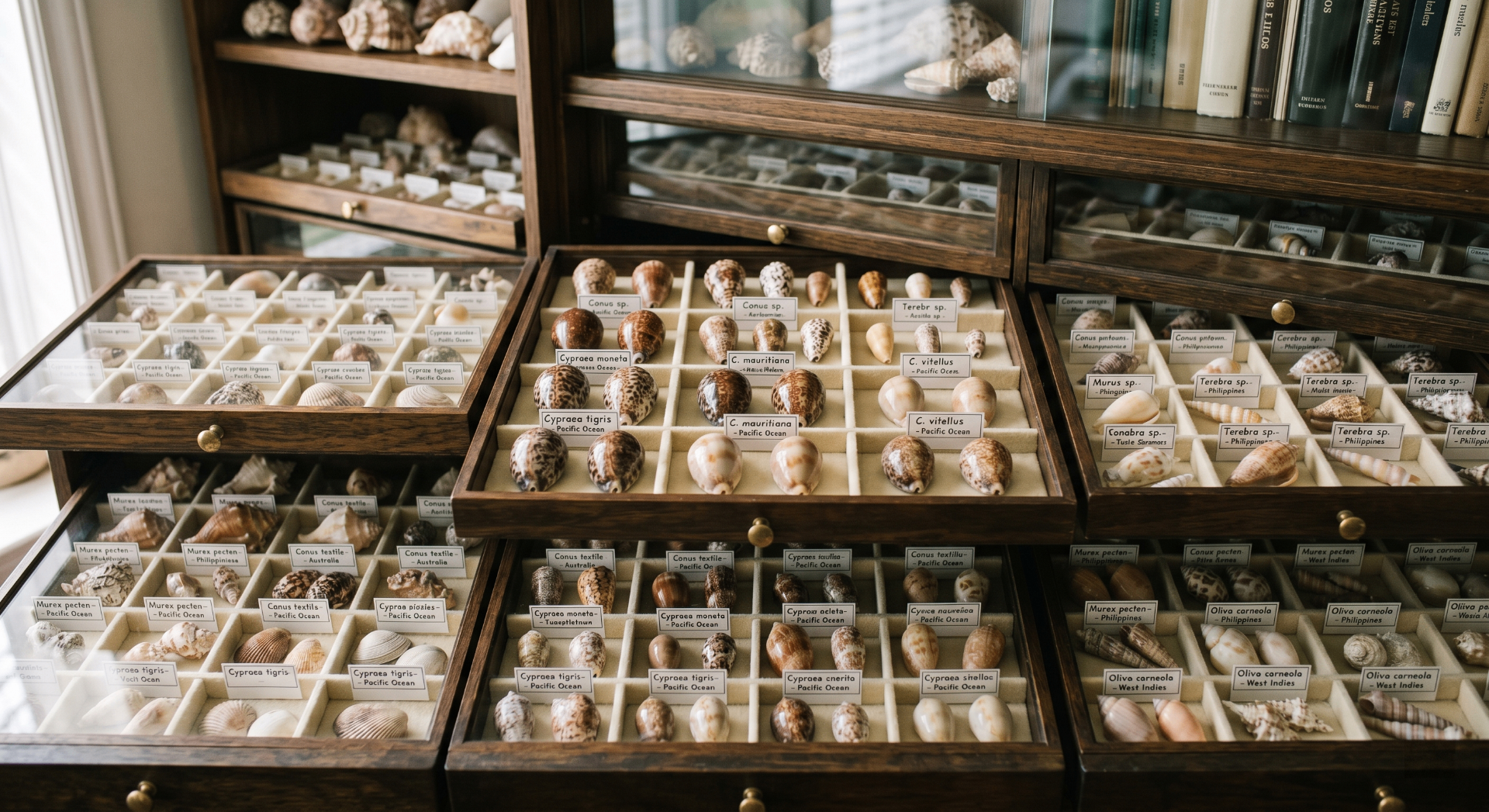 Open drawers of labelled seashell specimens in a wooden cabinet