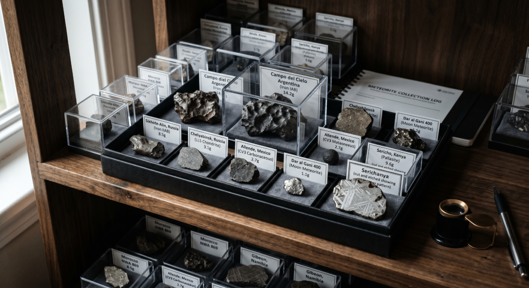 Meteorite specimens in display boxes with locality and weight labels