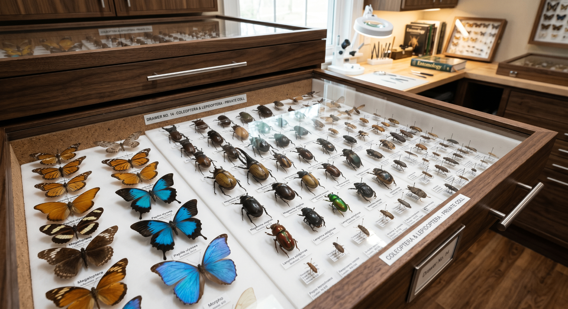Detailed entomology study drawer with butterflies and beetles arranged for close inspection