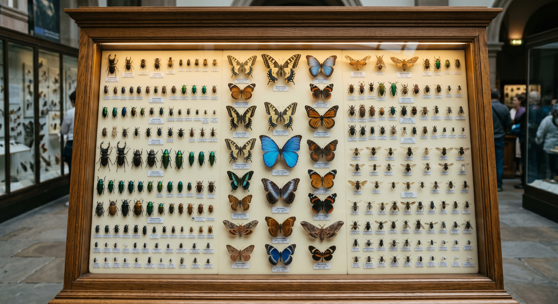 Large museum insect specimen case with butterflies, moths and beetles on display