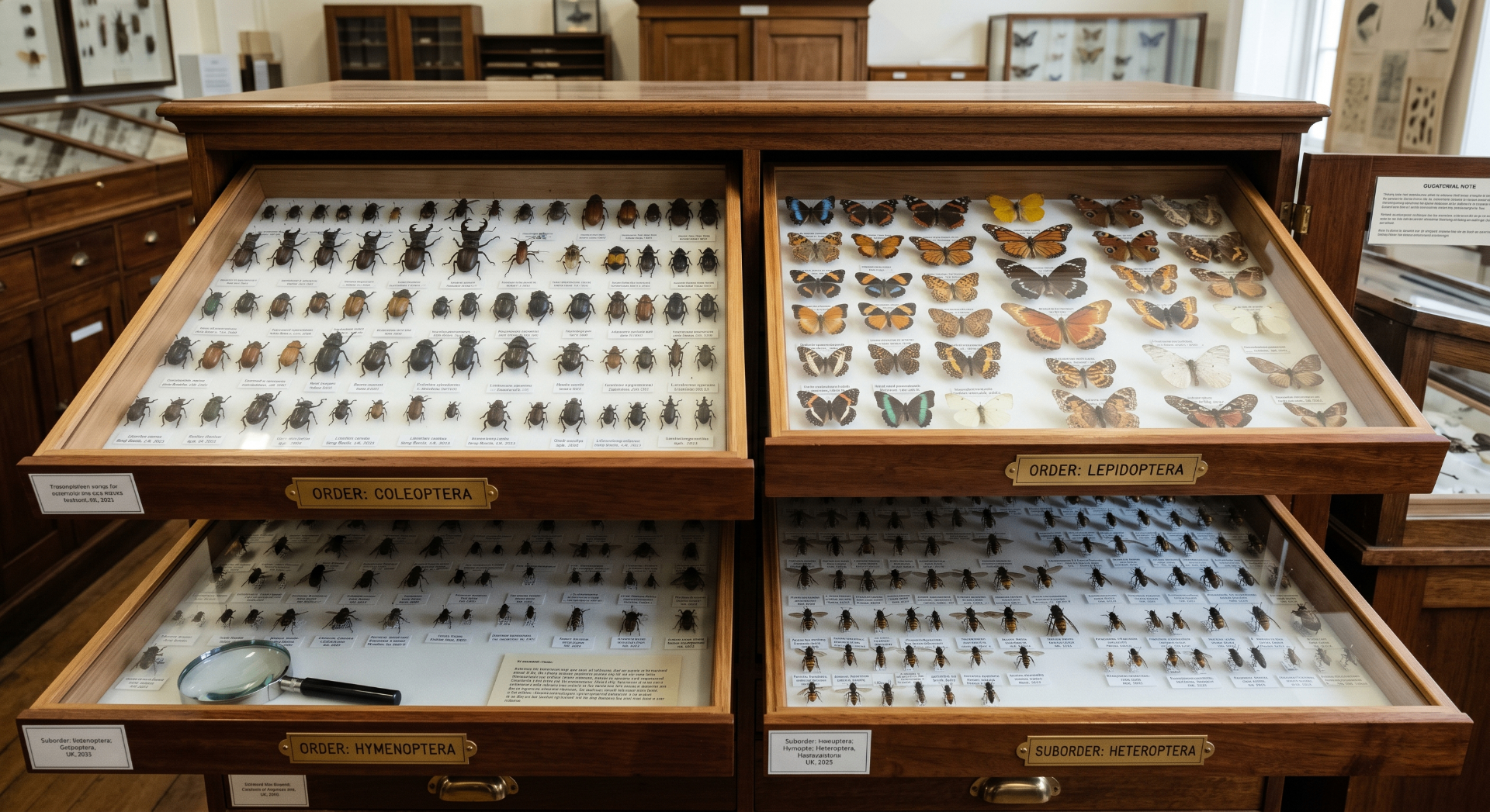 Stacked specimen cabinets with separate drawers for beetles, butterflies and other insect groups
