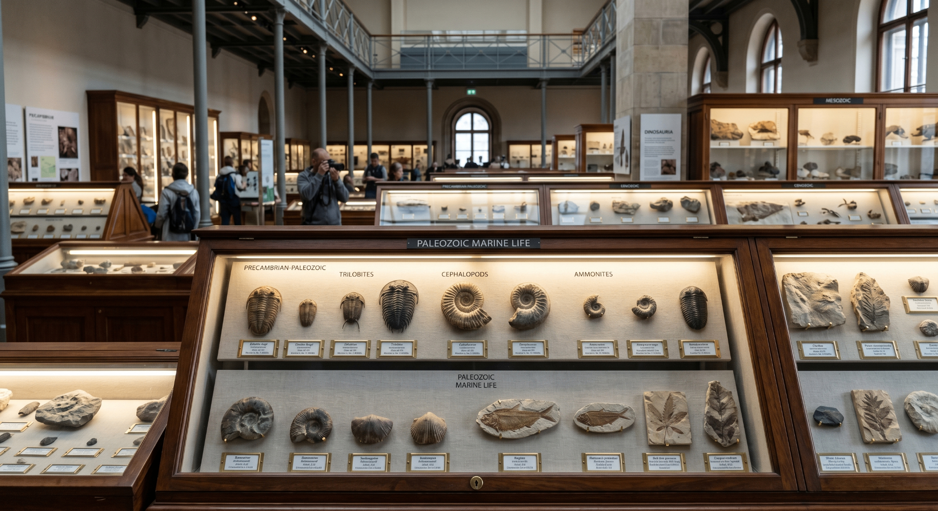 Large fossil exhibition hall with labelled museum display cases