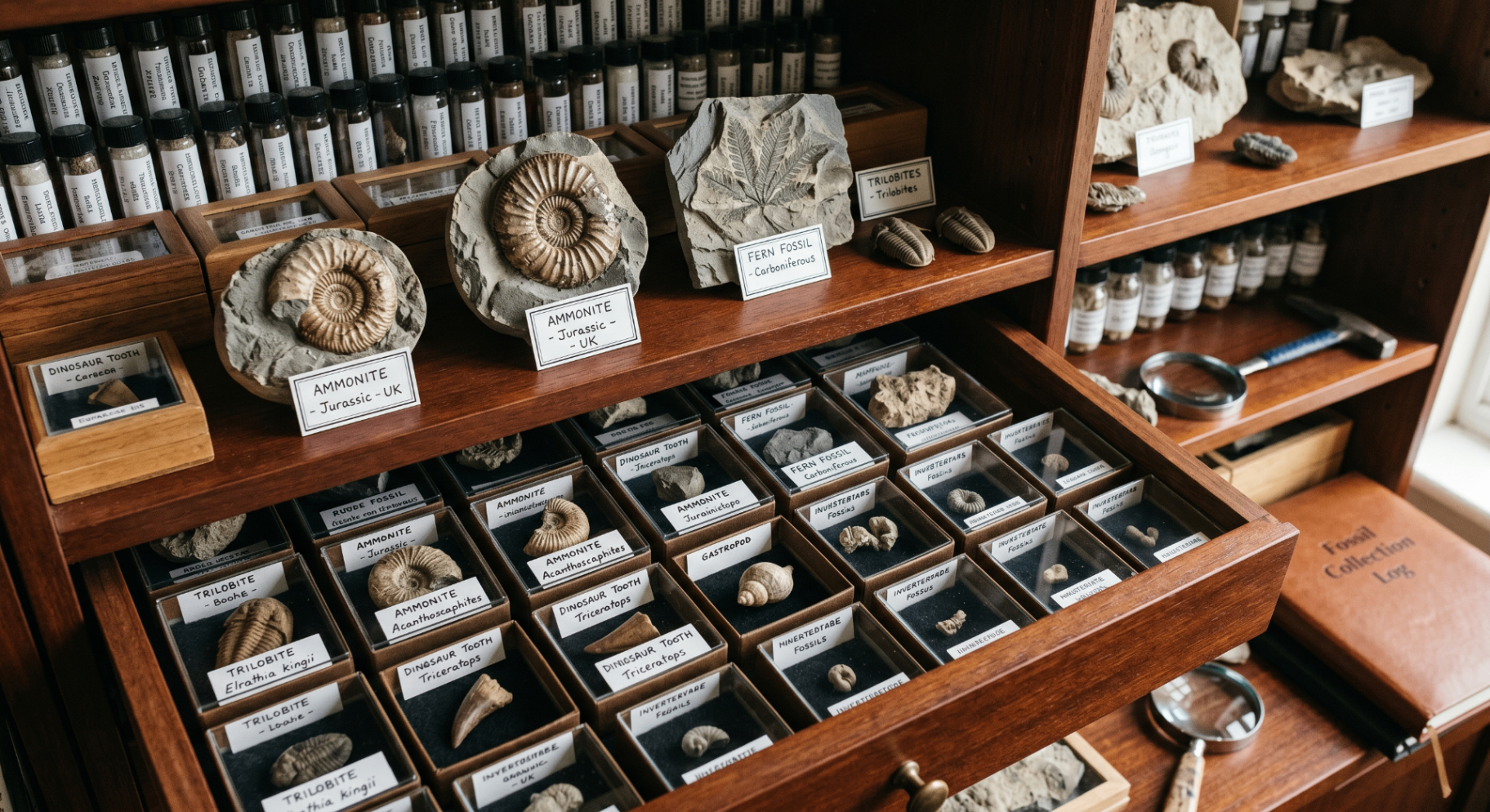 Open wooden drawer cabinet filled with labelled fossil specimens