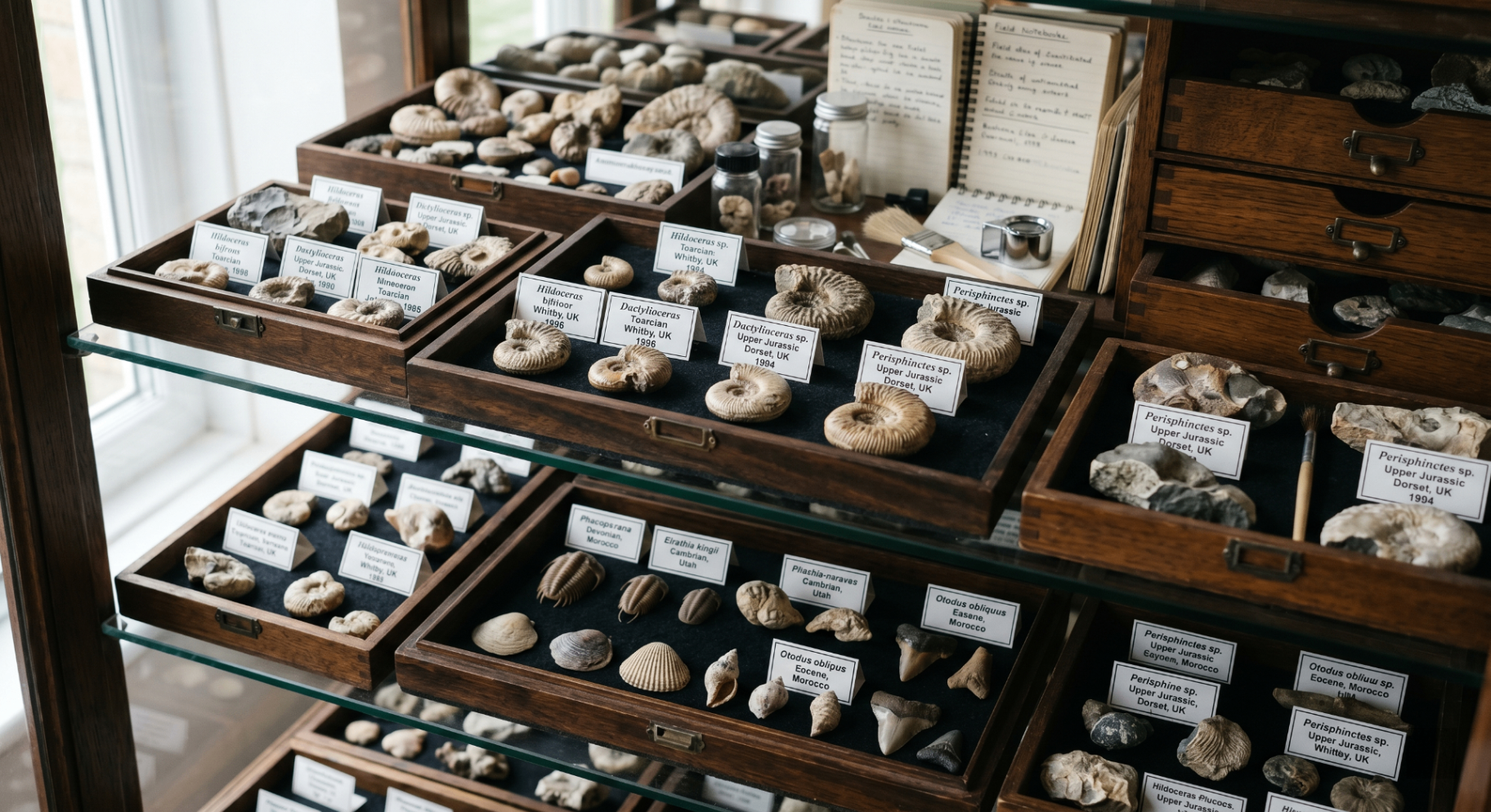 Labelled fossil trays arranged on glass shelves with study notes nearby