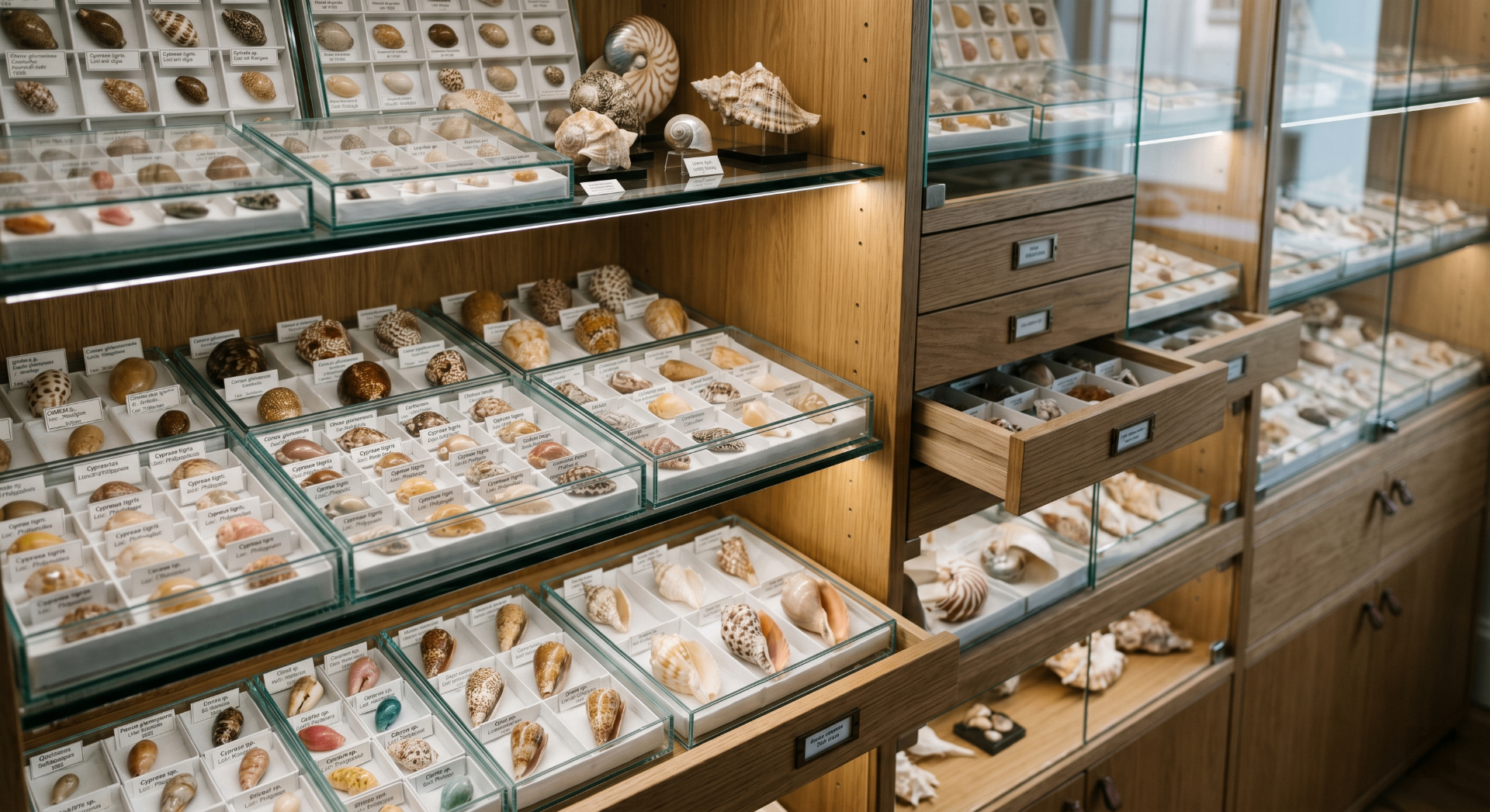 Seashells arranged across glass display shelves with specimen labels