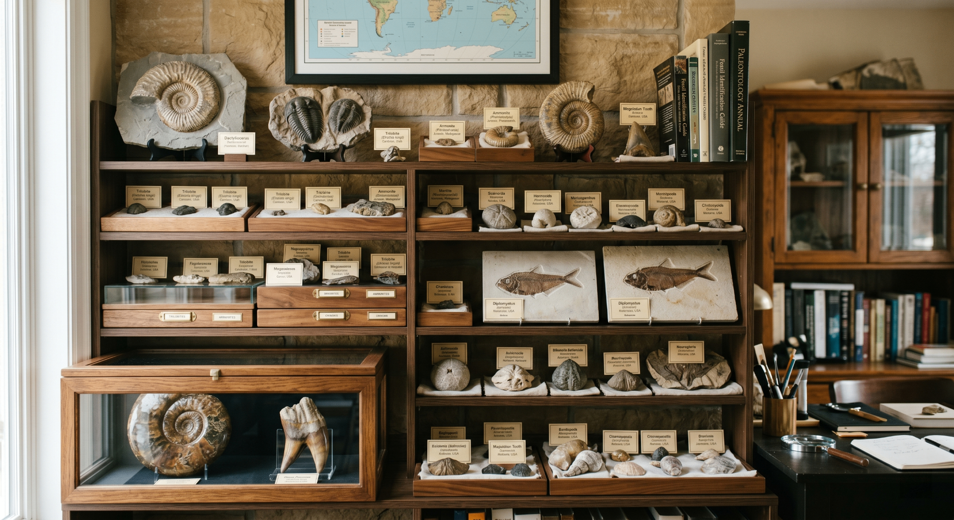 Shelves of labelled fossil specimens in a study room