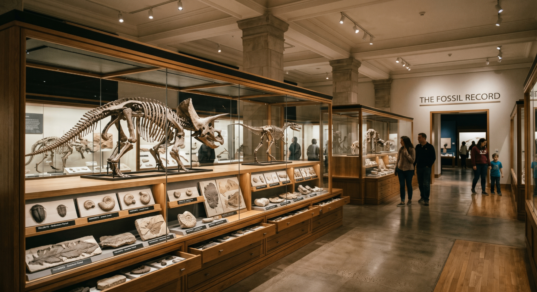 Fossil gallery with dinosaur skeletons and specimen cases