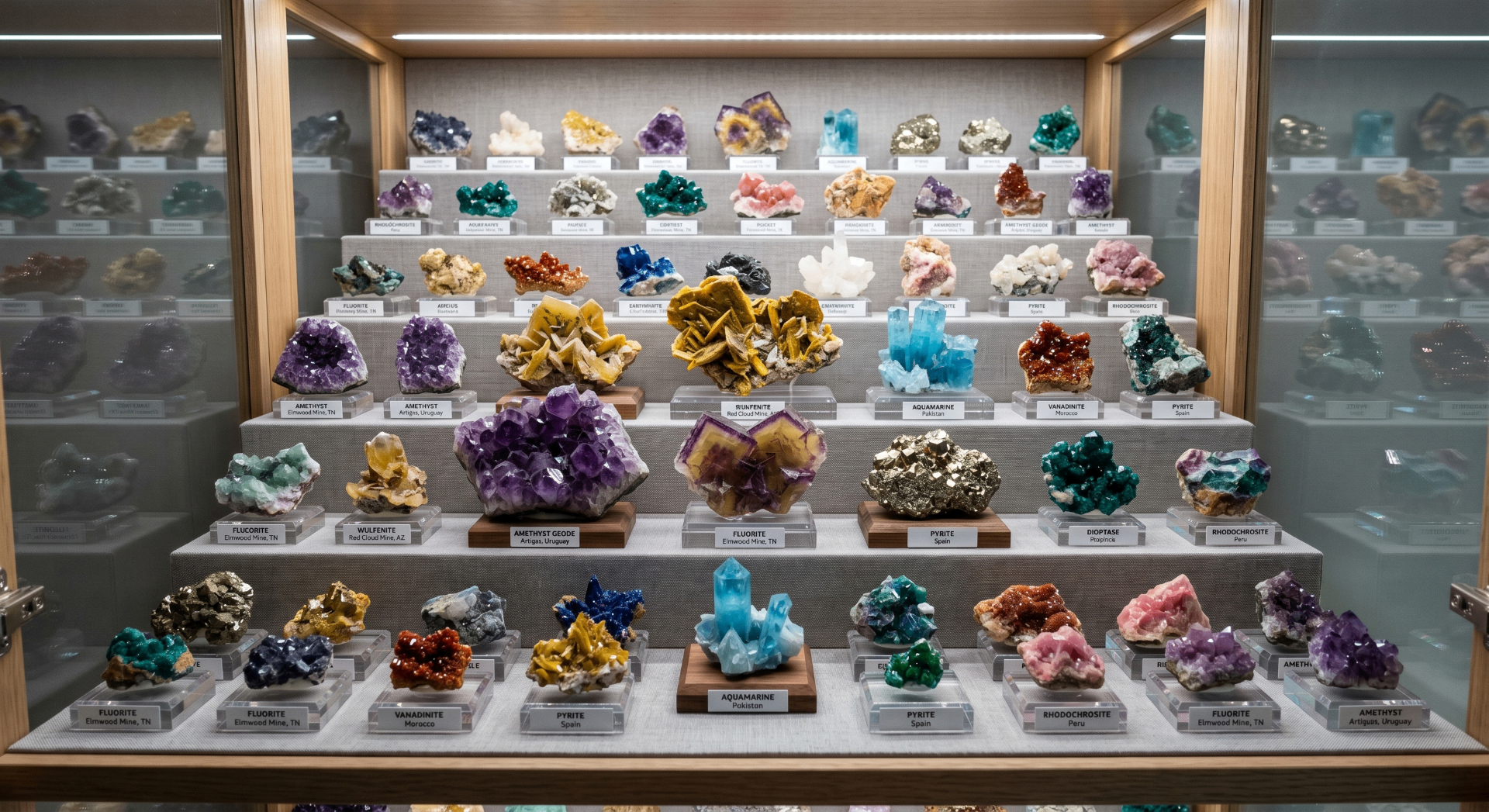 Large curated mineral display with labeled amethyst, fluorite, aquamarine and pyrite specimens