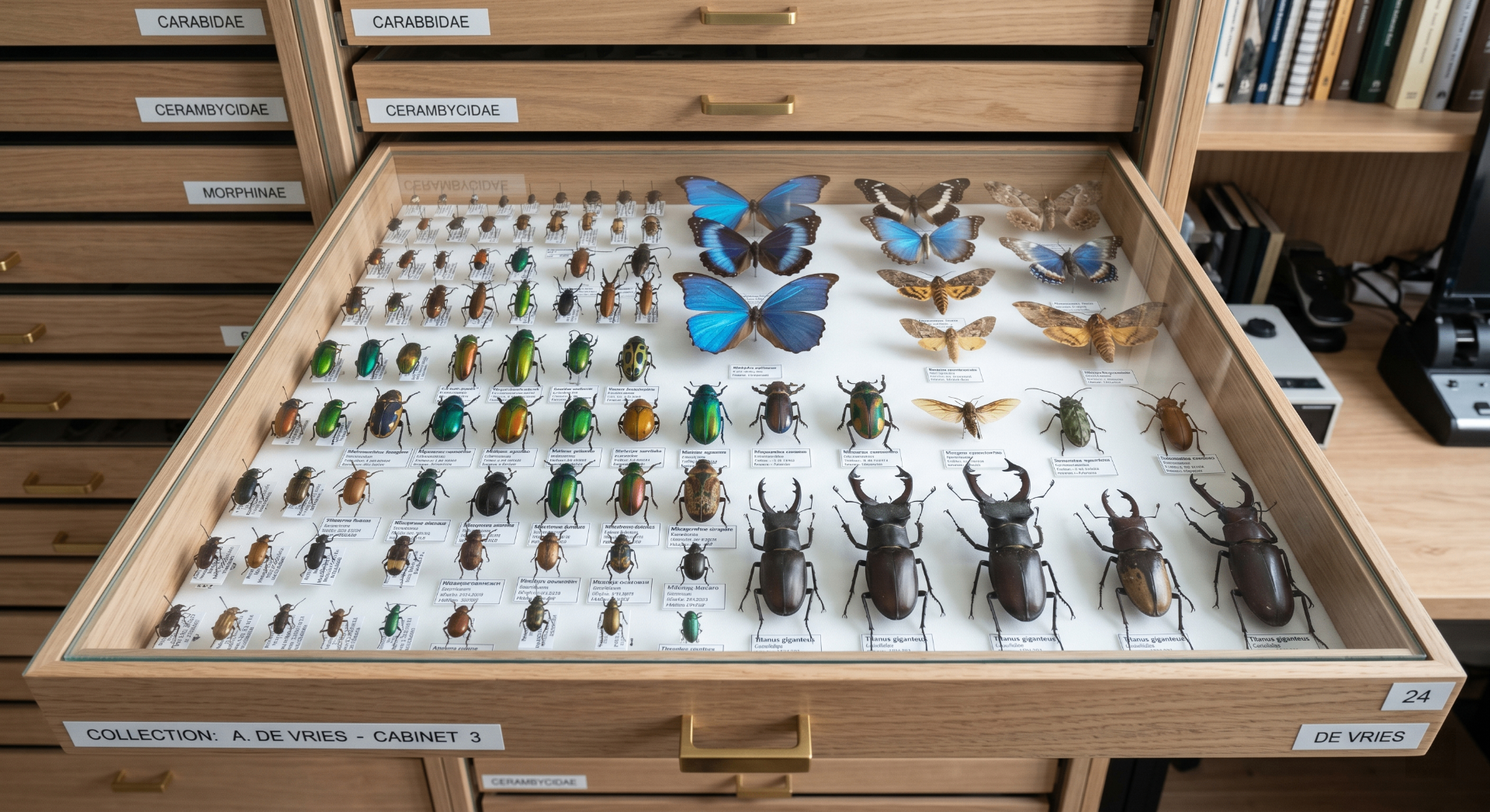 Open entomology drawer with pinned beetles and butterflies in a wooden cabinet