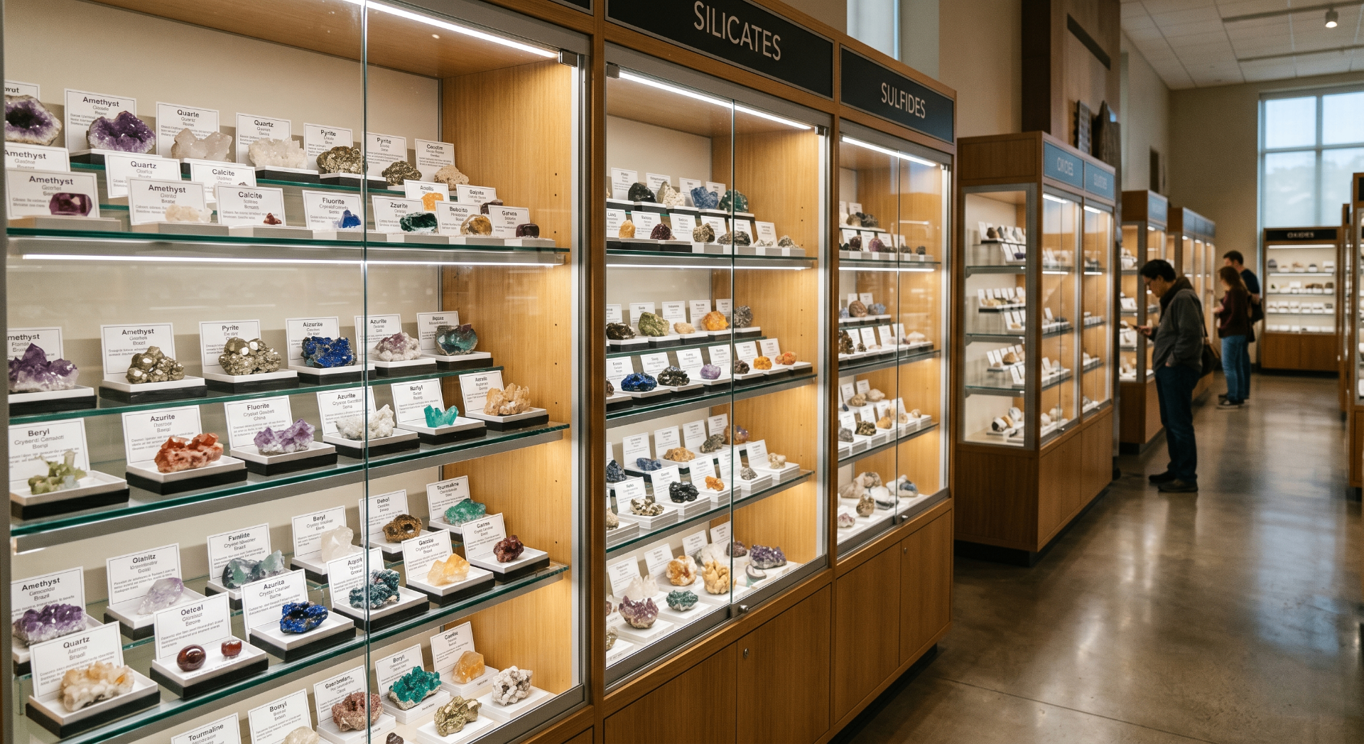 Mineral museum cases arranged by classification in a gallery