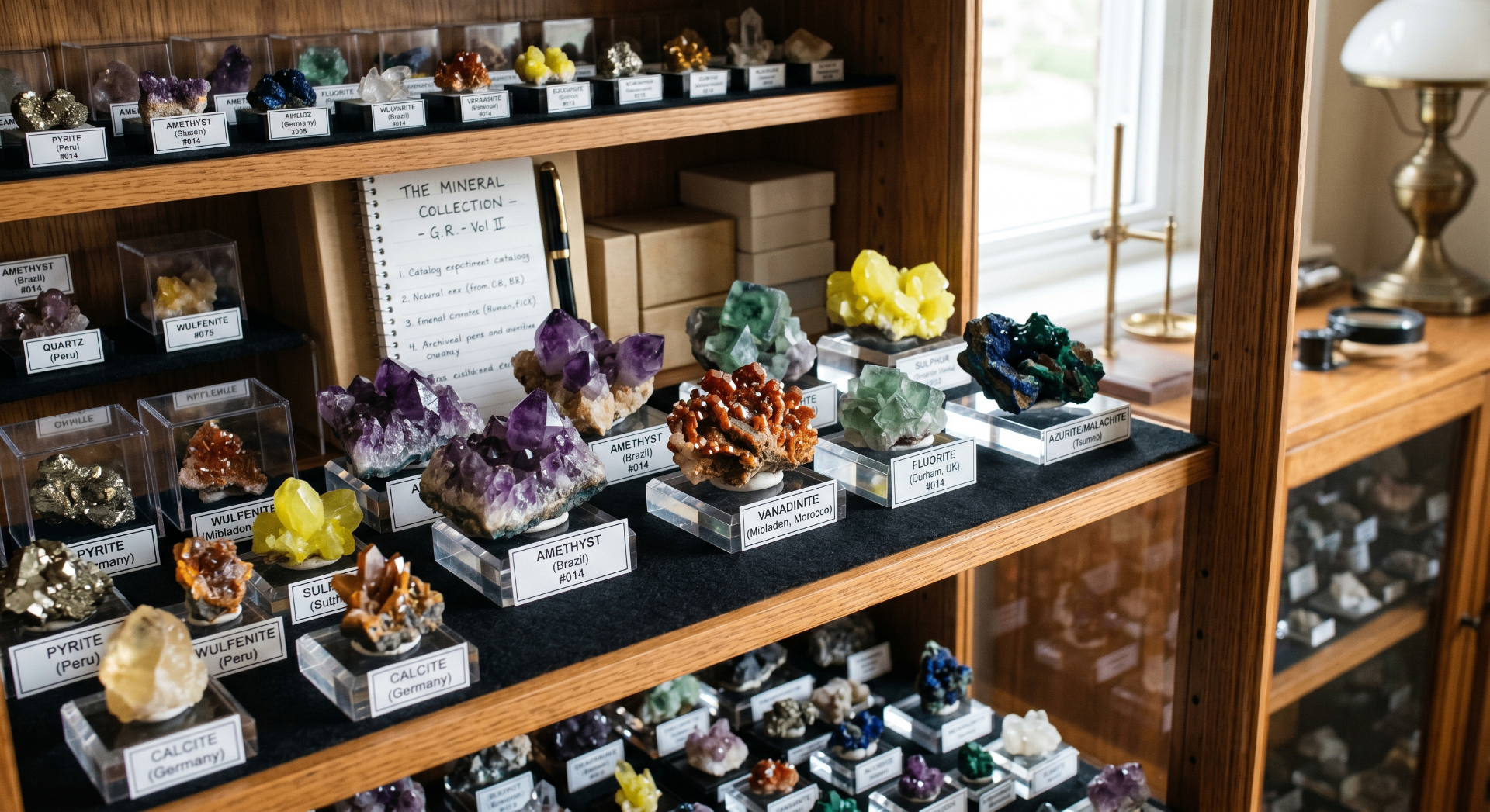 Detailed mineral cabinet shelf with labeled amethyst, fluorite, vanadinite and azurite specimens