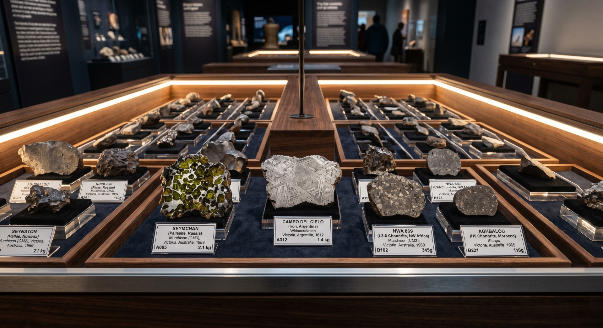 Meteorite collection organised by classification with Seymchan pallasite and Campo del Cielo iron